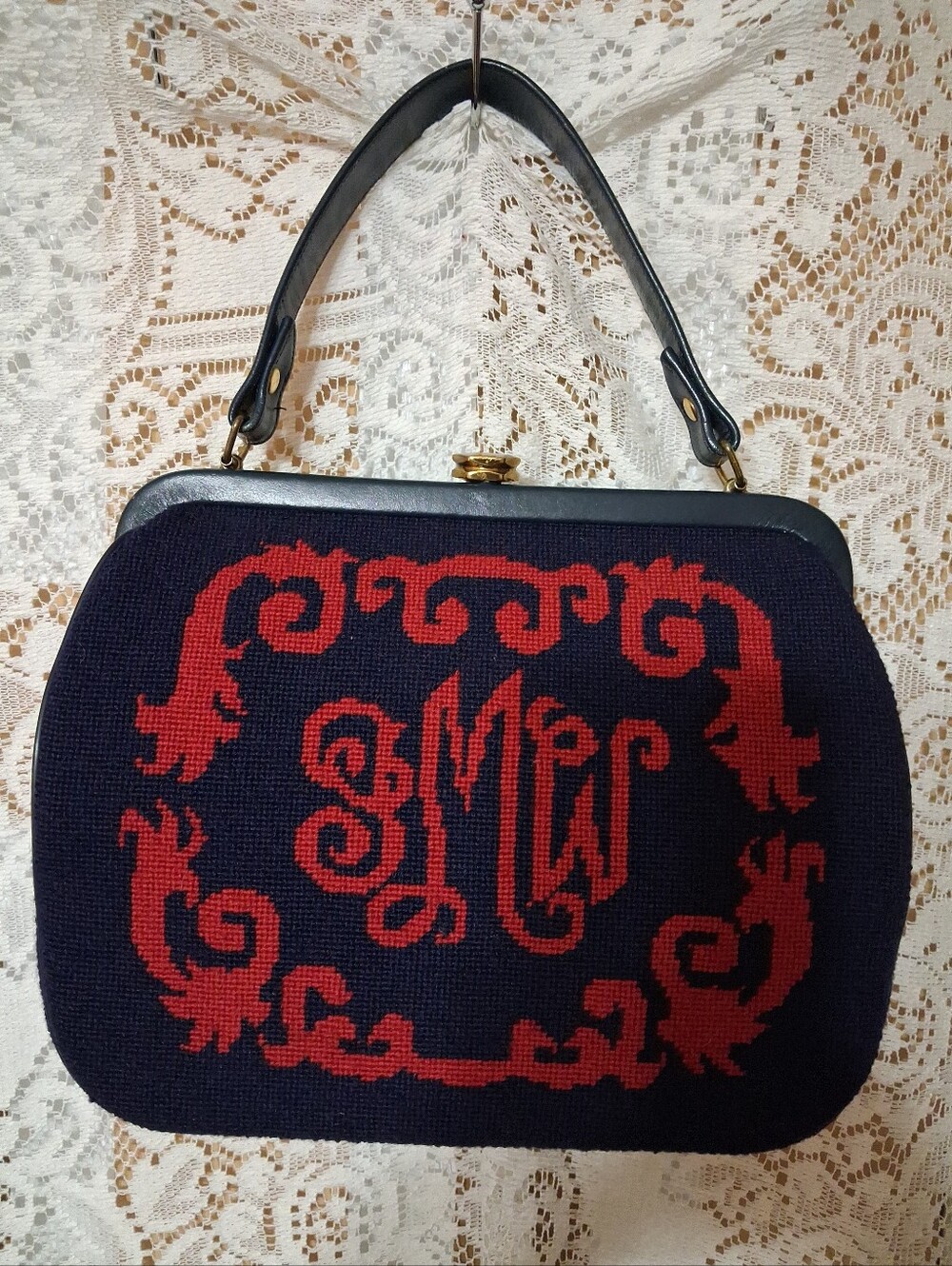 Navy and Red Monogram Needlepoint Hand Bag.  Mid Century 1960s. Perfect